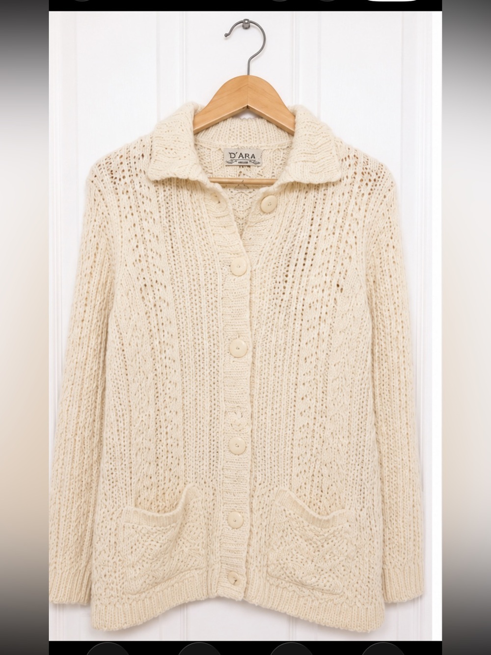 D’ARA Ireland Cream Cable Knit Button Front Cardigan Sweater Small Cottagecore